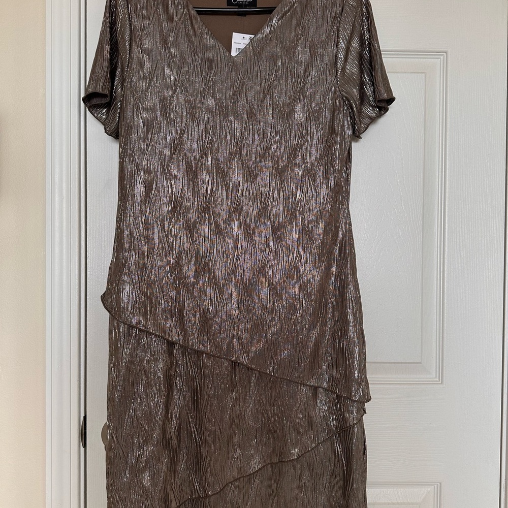 connected apparel Metallic Taupe Layered V-Neck Midi Dress